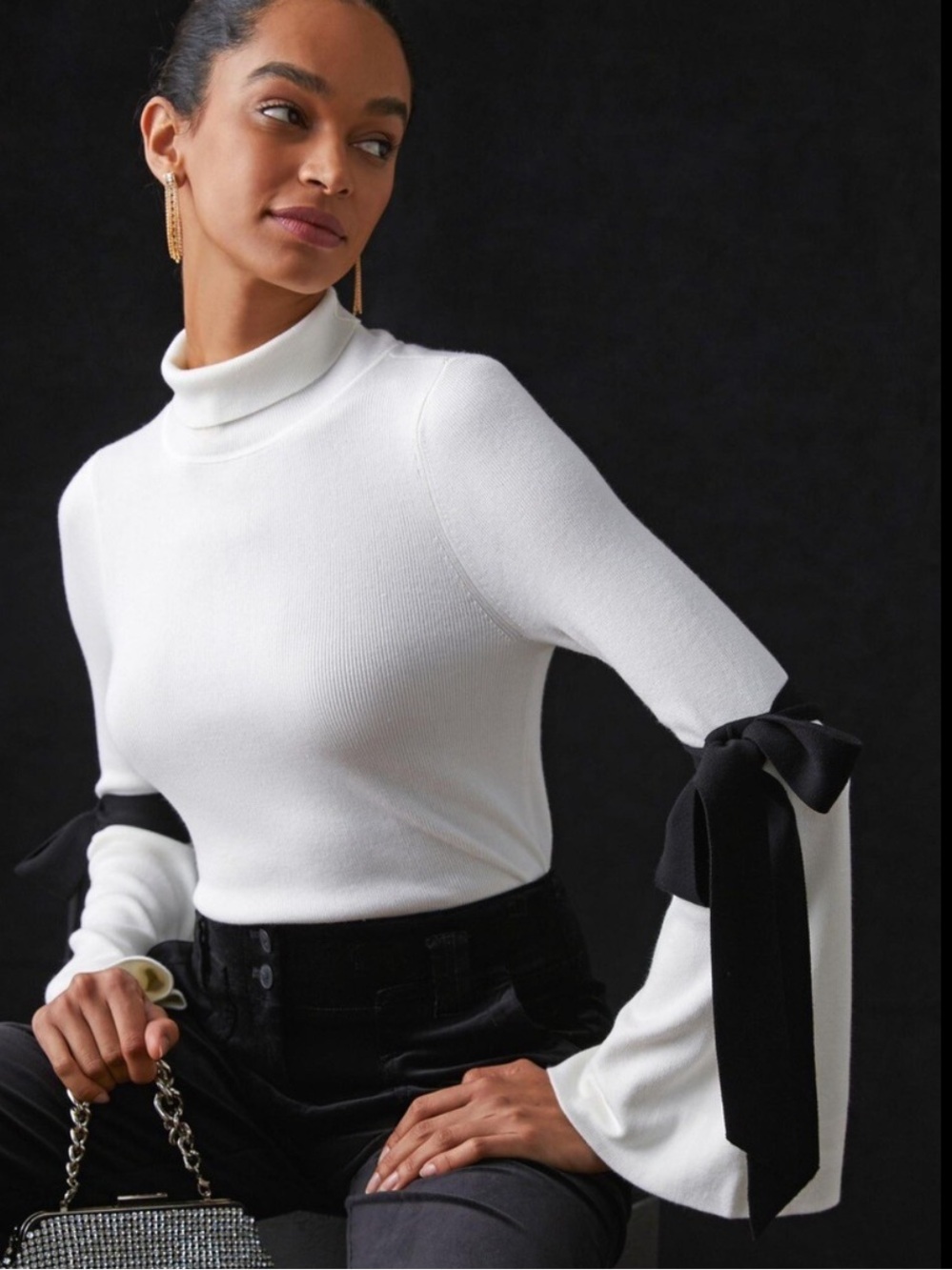 Maeve x Anthropologie ribbed mock neck sweater with bell sleeves and ribbon M